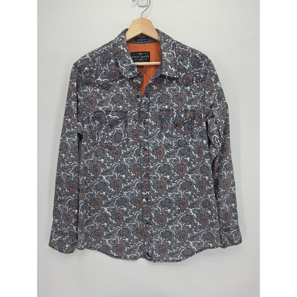 Cody James Mens Pearl Snap Western Shirt Paisley Print Blue Orange Medium